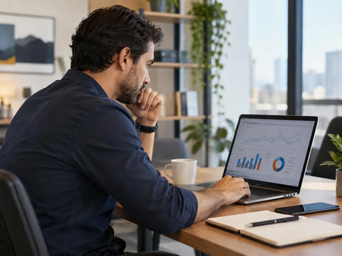 Especialista analisando gráficos de campanhas de anúncios no notebook