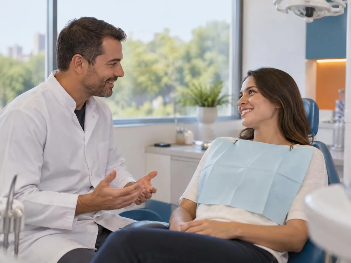 Dentista conversando com paciente sentada na cadeira odontológica, sem procedimento