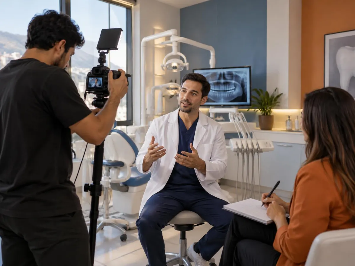 Gravação de vídeo educativo com dentista explicando para a câmera