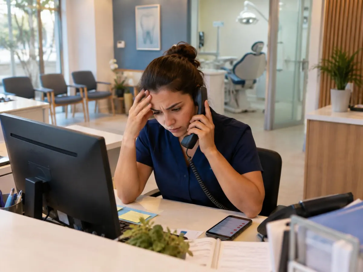 Recepcionista de clínica odontológica sobrecarregada ao telefone com mensagens acumuladas