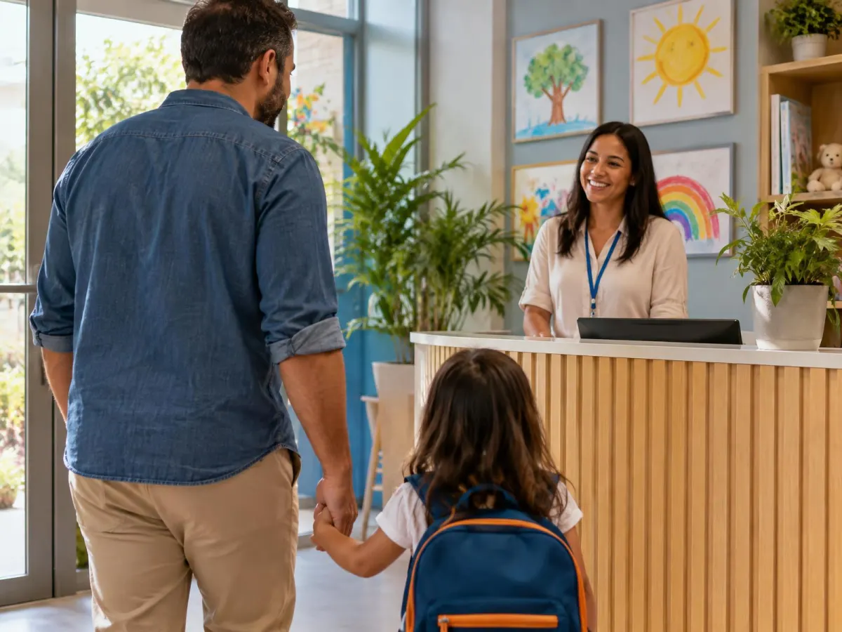 Secretária da escola recebendo pai e filha na recepção
