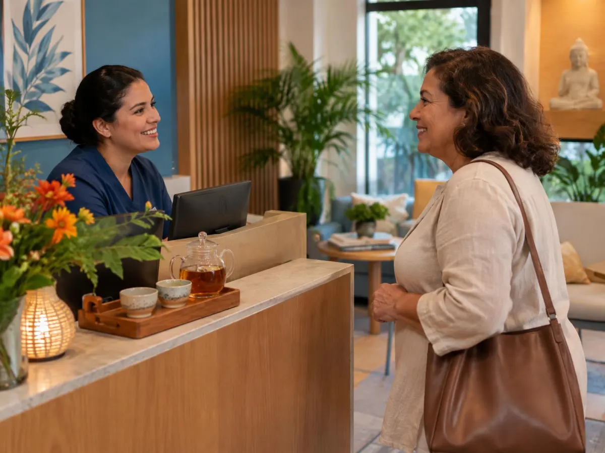 Recepcionista recebendo cliente com chá em clínica de estética tranquila