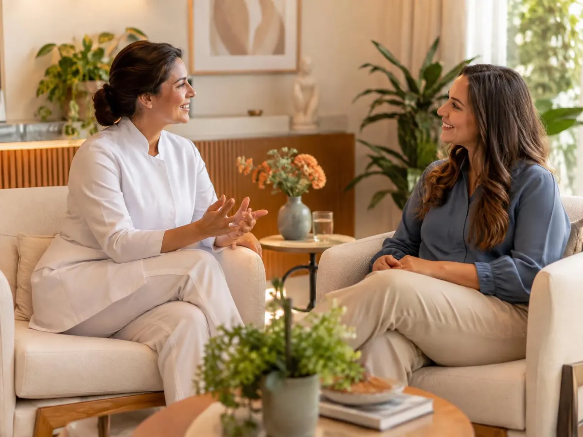 Profissional de estética conversando com cliente em ambiente acolhedor de bem-estar