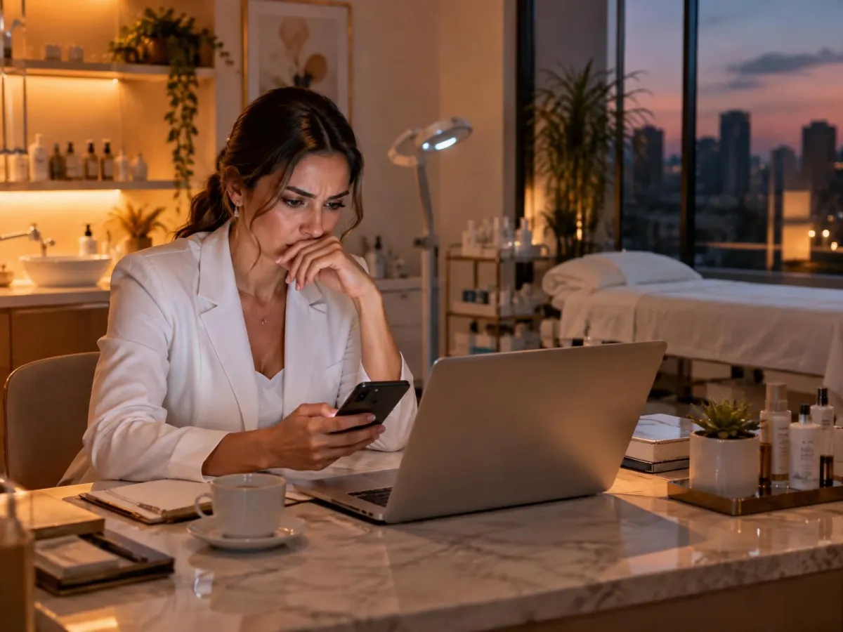 Dona de clínica de estética preocupada analisando o celular e o notebook no fim do dia