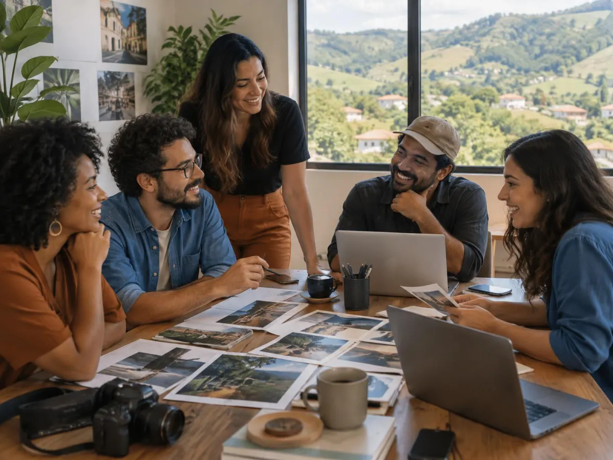 Equipe da agência discutindo ideias de conteúdo em volta da mesa