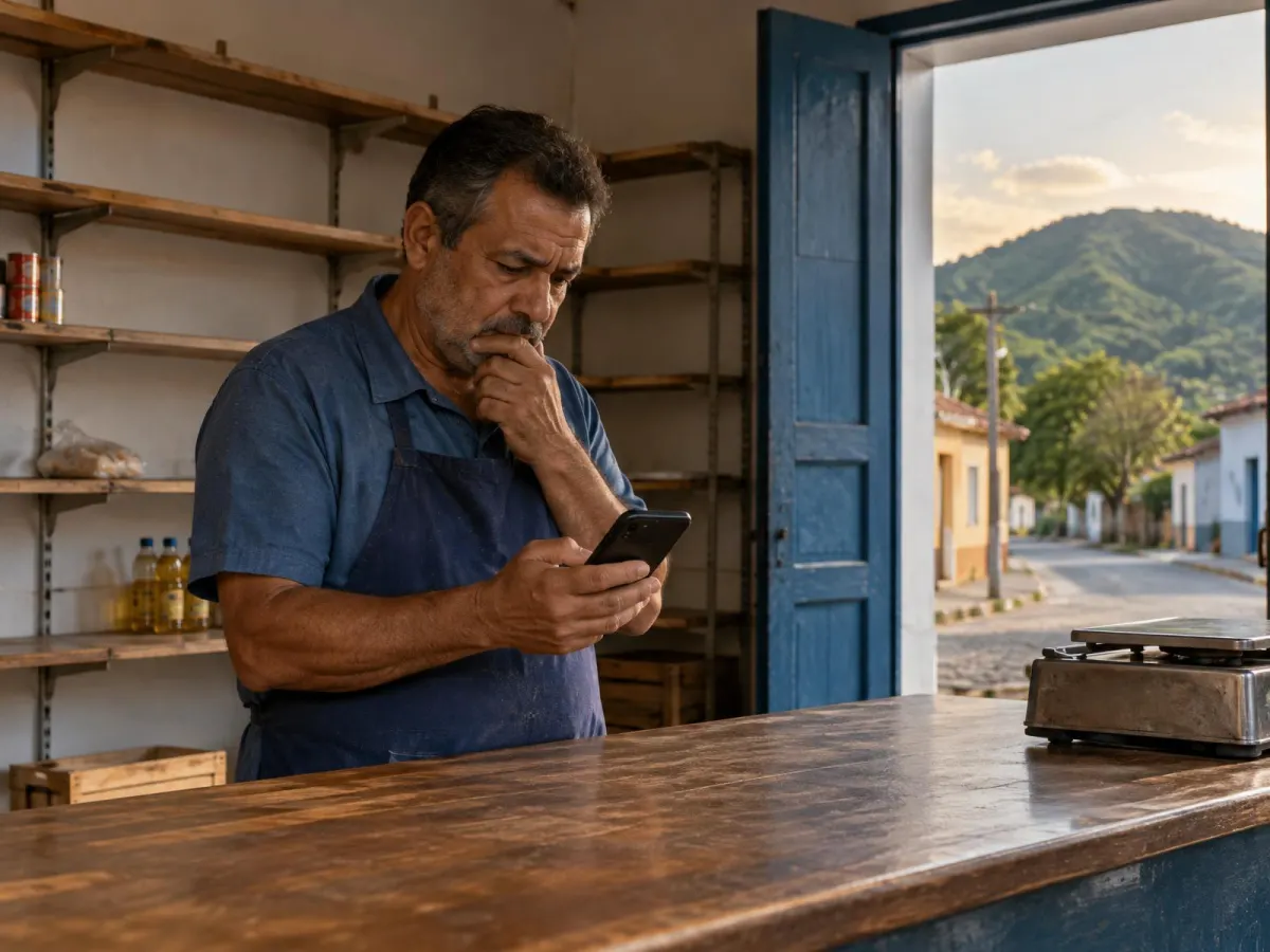 Comerciante local preocupado olhando o celular em loja vazia
