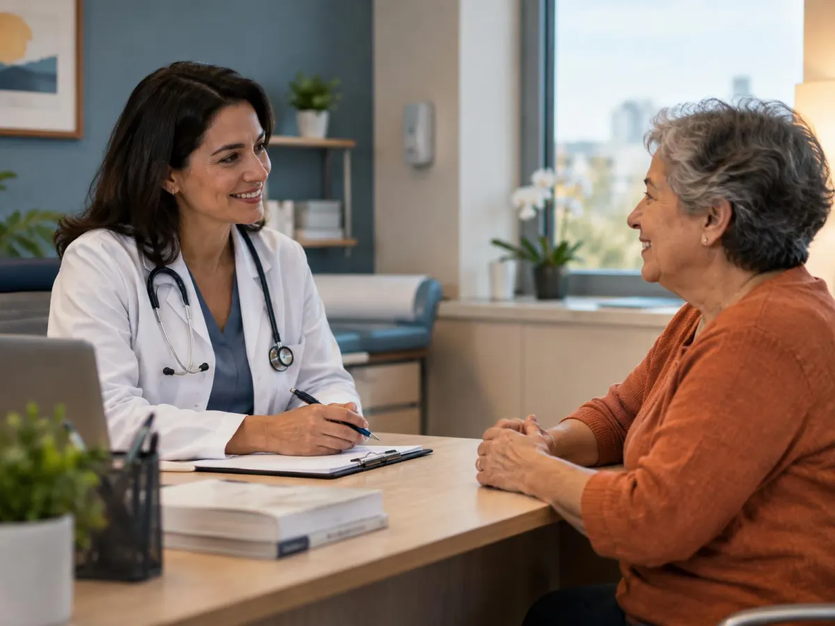 Médica conversando com tranquilidade com uma paciente em consultório acolhedor