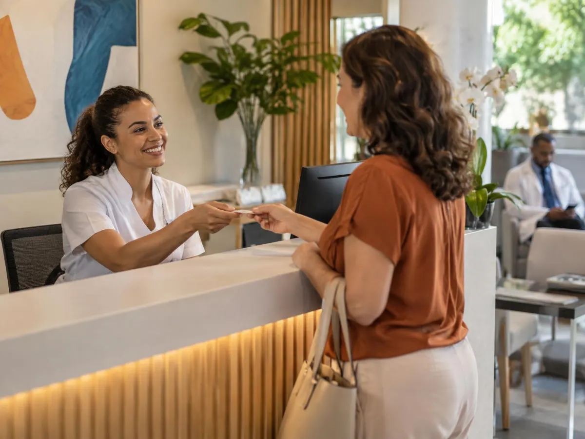 Recepcionista sorridente atende paciente no balcão de uma clínica médica moderna