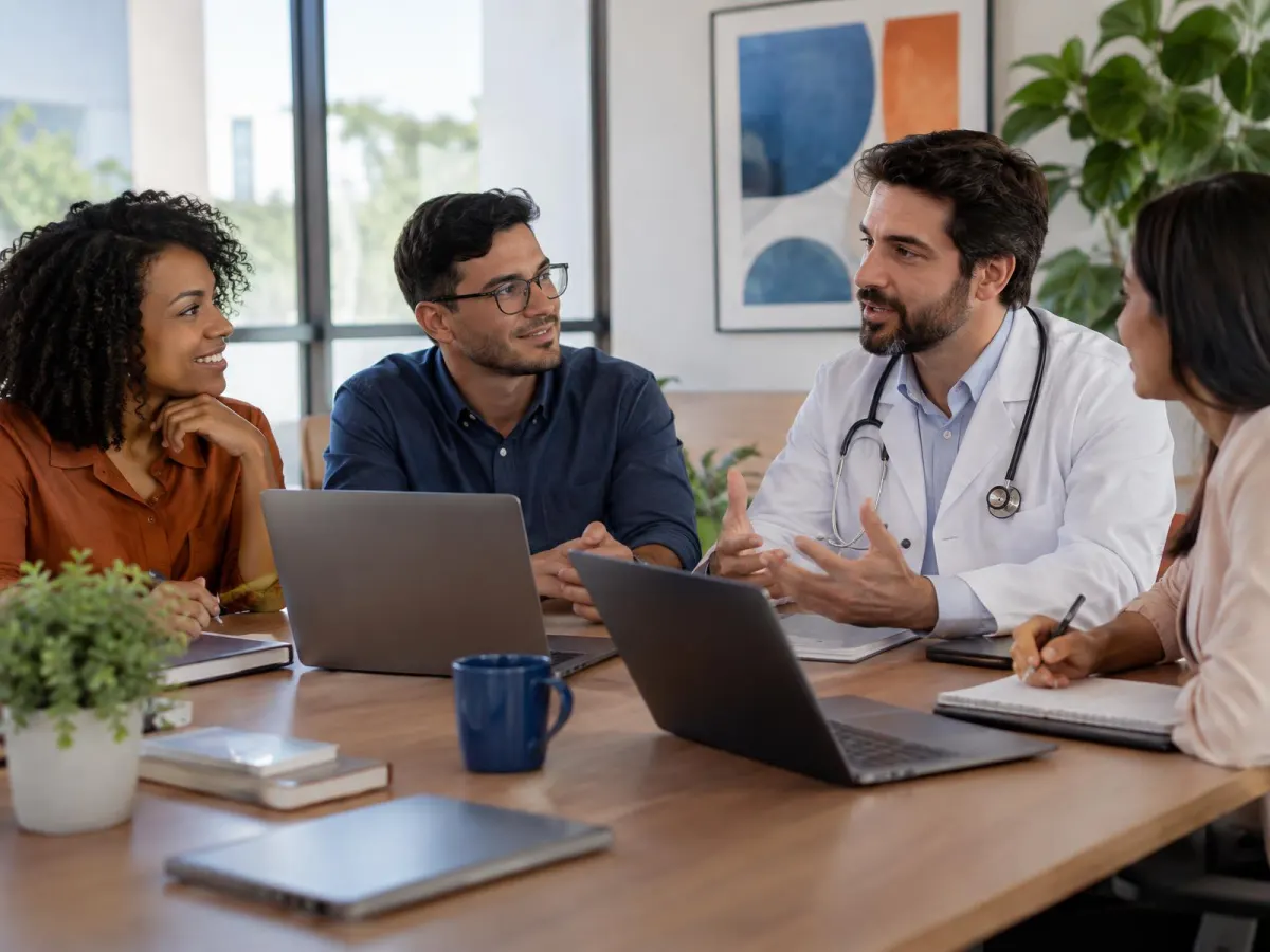 Médico em reunião de estratégia com a equipe de marketing da Sonar