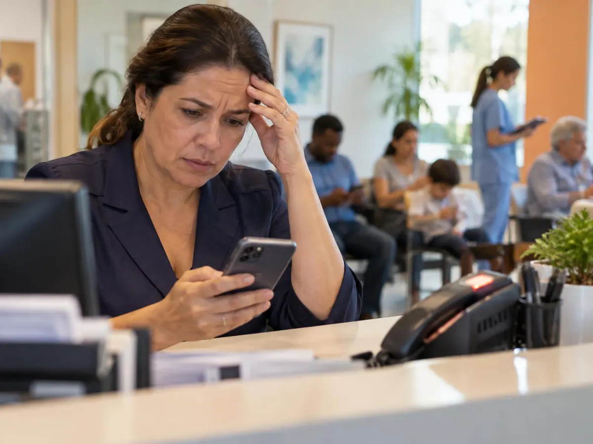 Gestora de clínica preocupada olhando o celular com a recepção cheia ao fundo