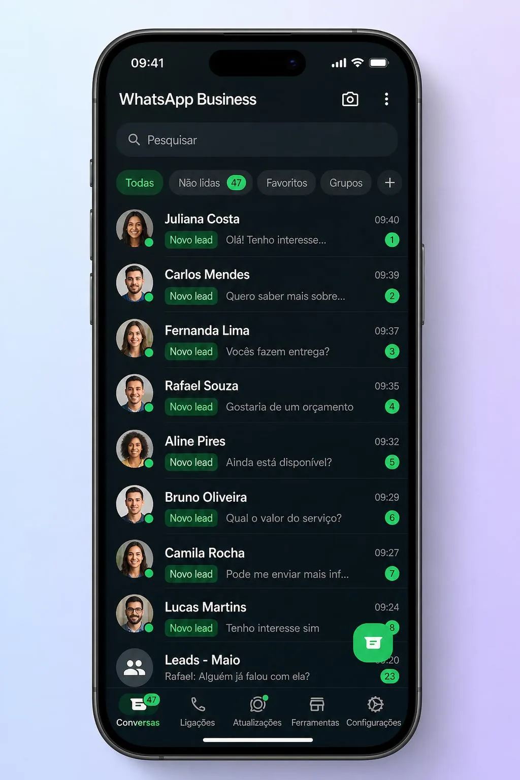 Print do WhatsApp Business com dezenas de leads chegando