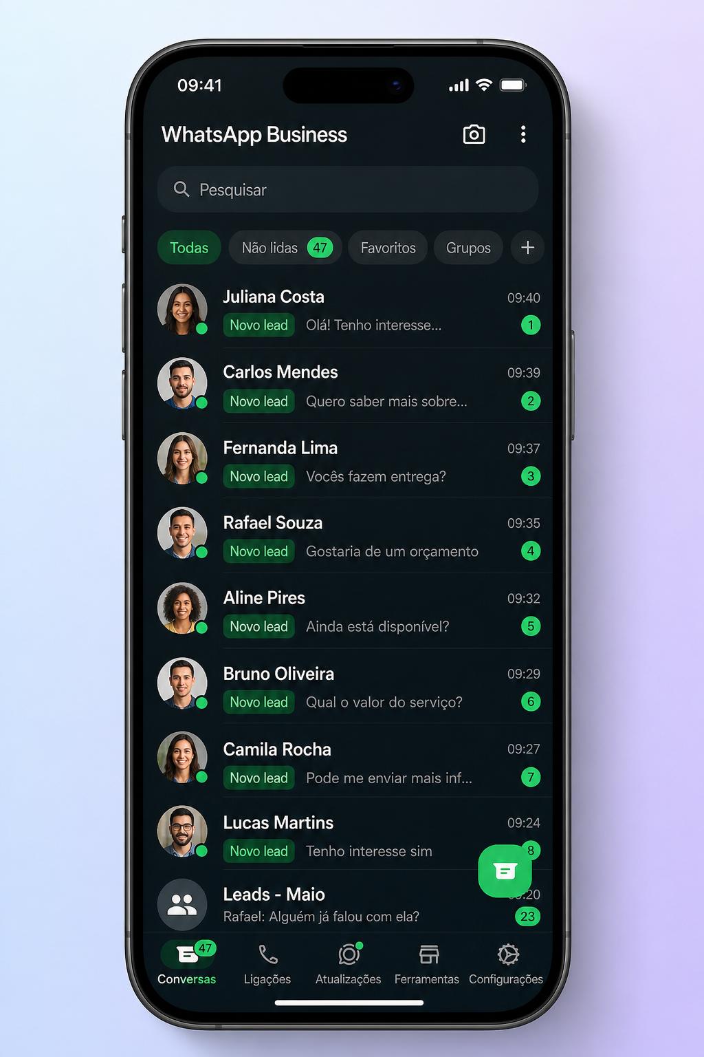 Print do WhatsApp Business com dezenas de leads chegando