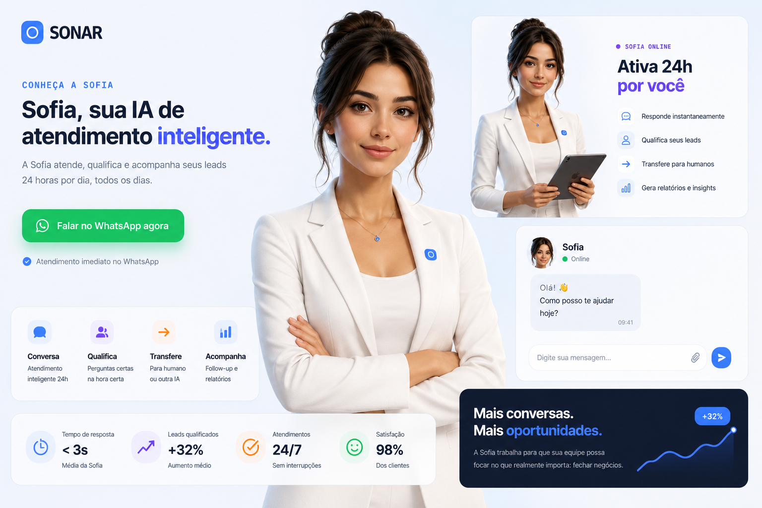 Painel da Sonar Negócios Digitais — campanhas de tráfego pago, leads qualificados e resultados em tempo real