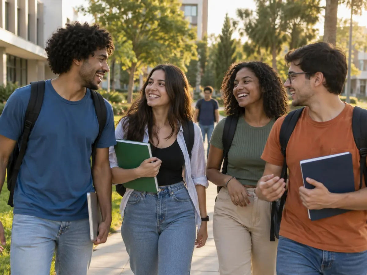 Estudantes universitários conversando e sorrindo em caminhada pelo campus