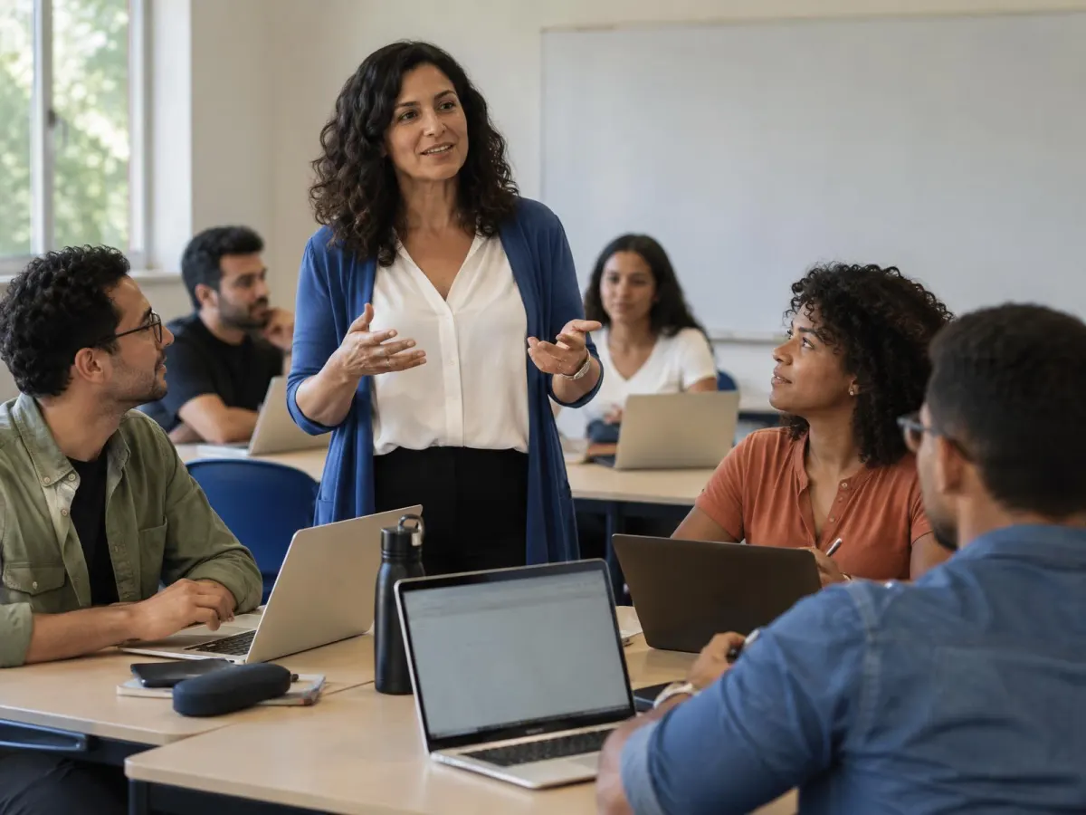 Professora conduzindo aula participativa com estudantes adultos