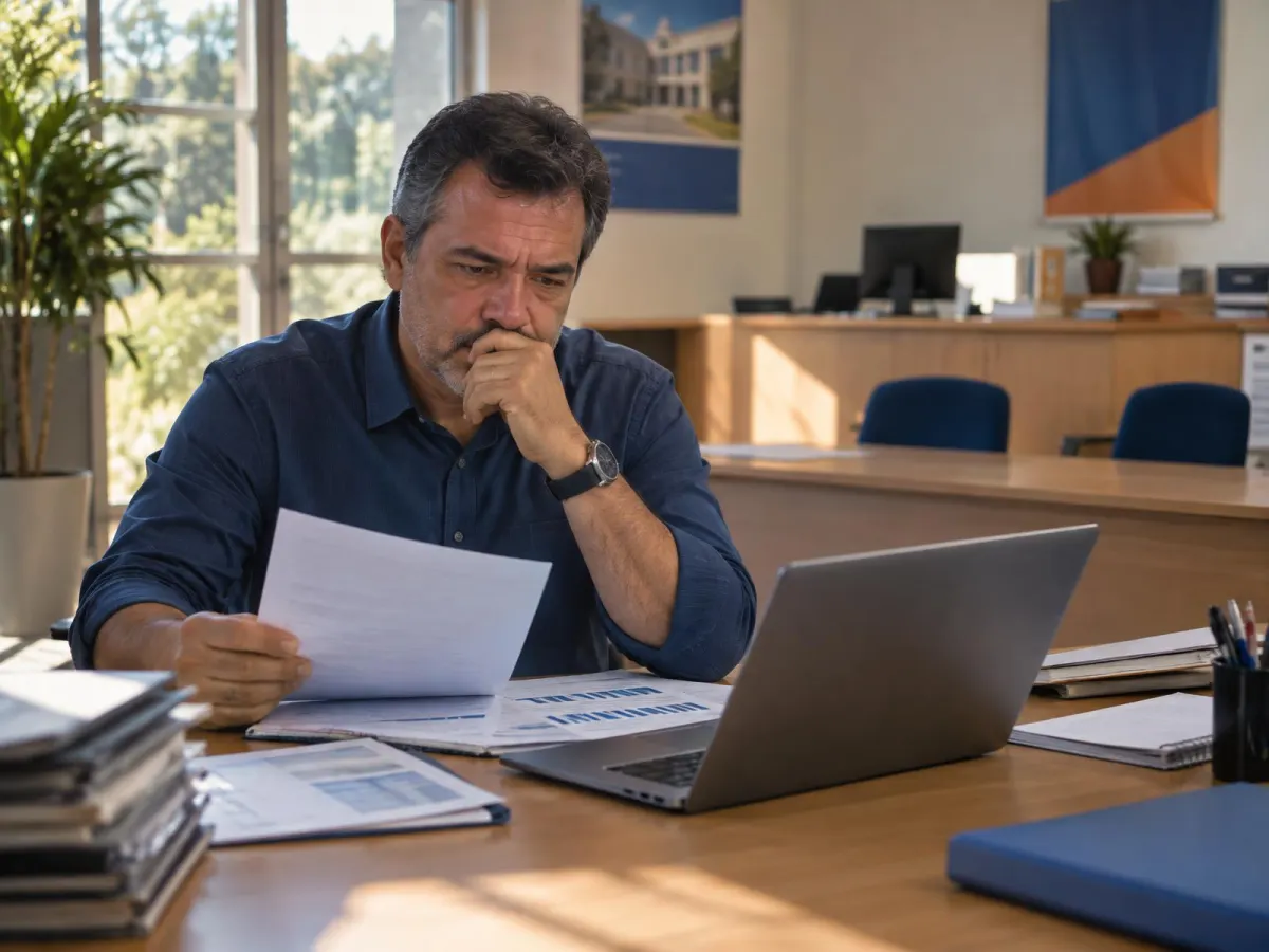 Coordenador de captação preocupado analisando relatórios de matrícula