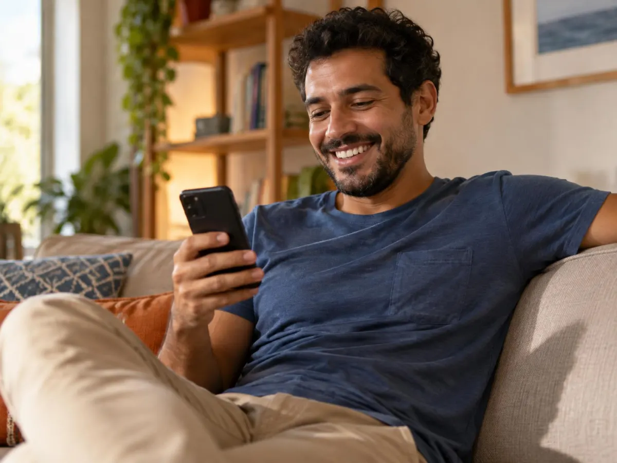 Cliente sorrindo ao receber resposta no celular em casa