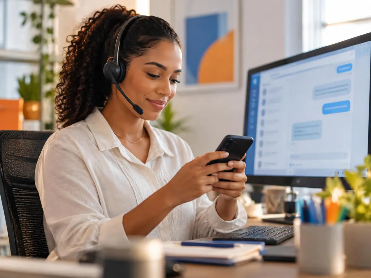 Atendente com fone usando celular e computador para responder clientes