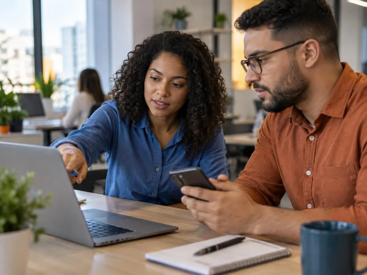 Dupla configurando o fluxo de atendimento no notebook e no celular