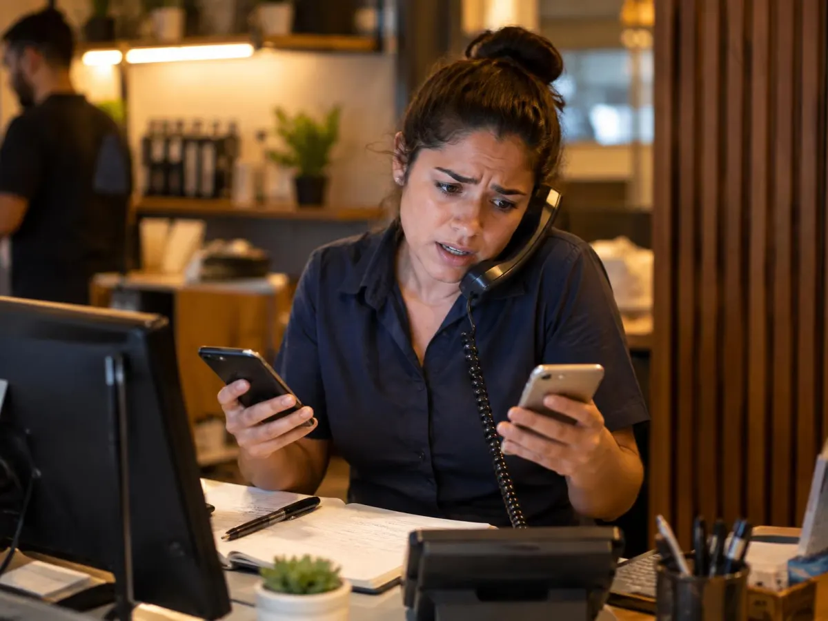Atendente sobrecarregada com dois celulares e o telefone ao mesmo tempo